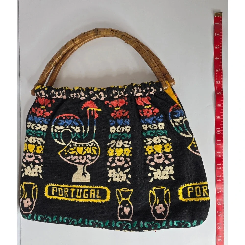 VINTAGE PORTUGAL HANDBAG WITH ROOSTERS, VASES & FLOWERS PATTERN